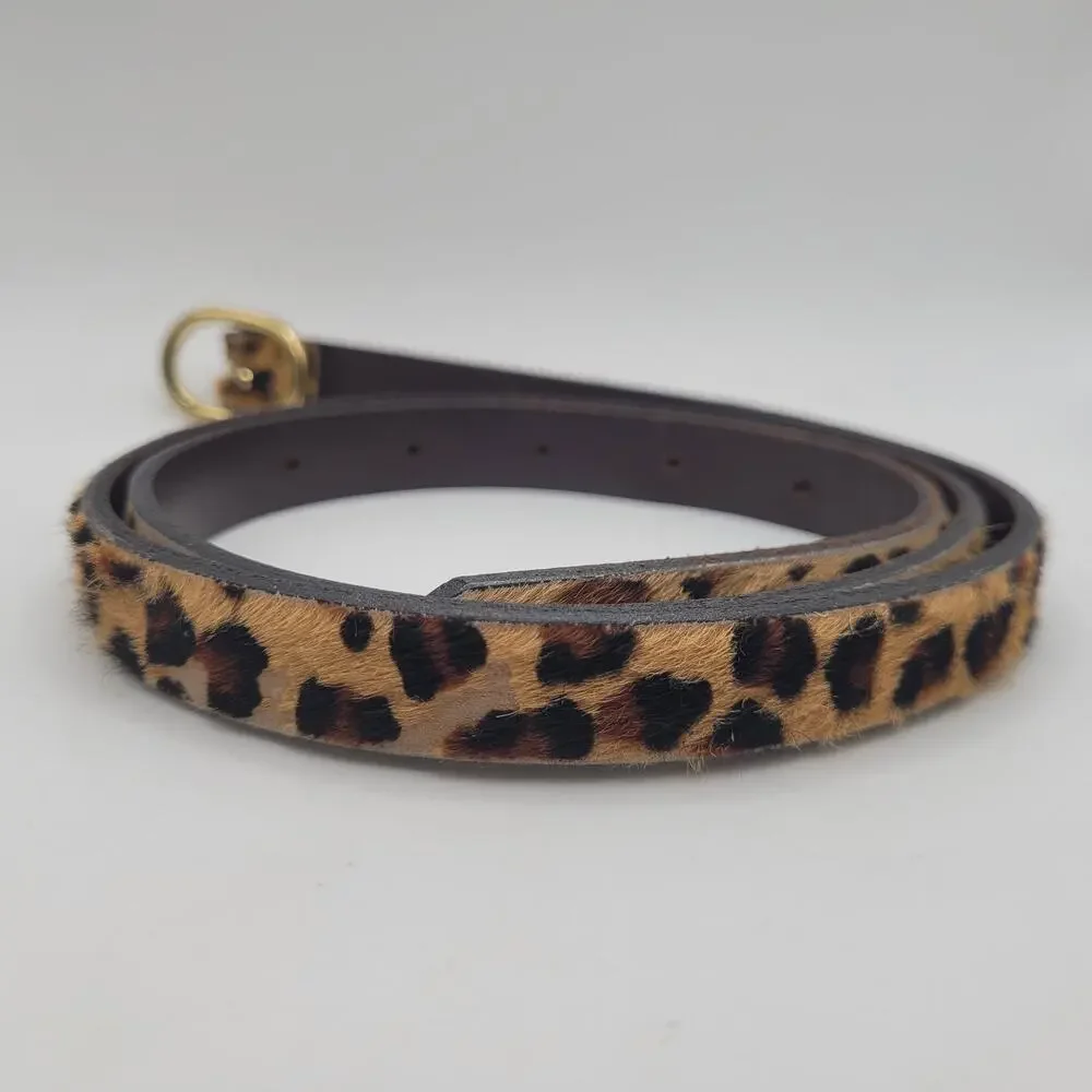J.CREW Belt Small Brown Leather Leopard Haircalf Animal Print Skinny Gold Buckle